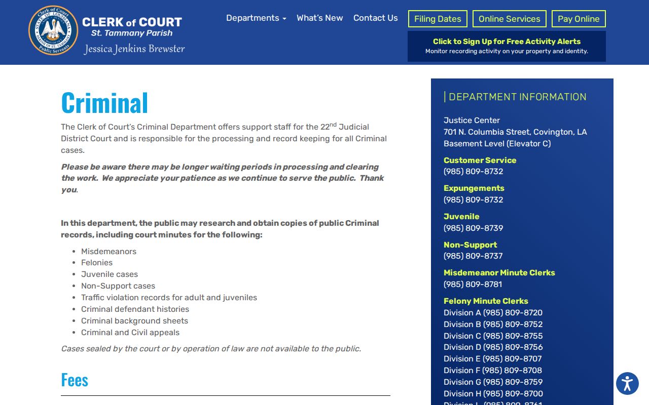 St. Tammany Parish warrant records criminal department page at the clerk of court