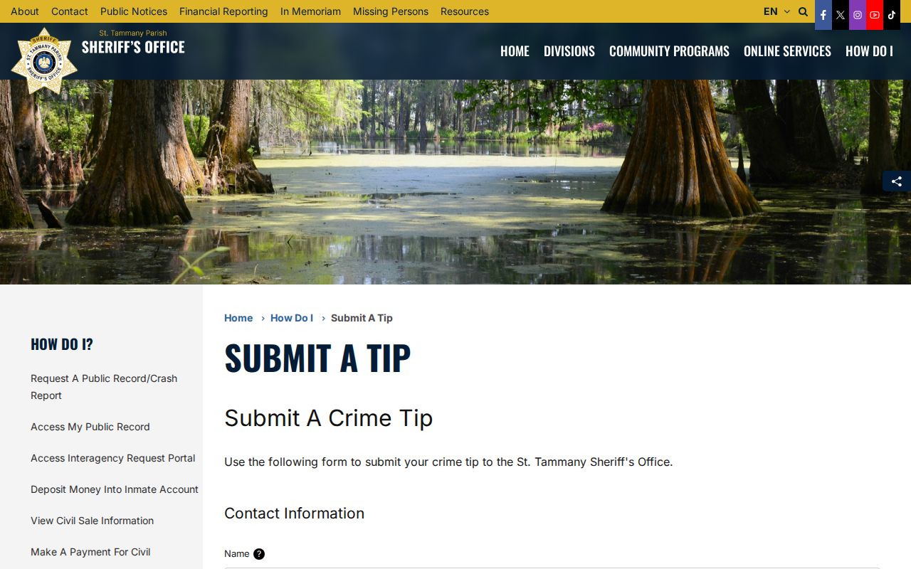 St. Tammany Parish most wanted warrant records tip form labeled as a crime tip page