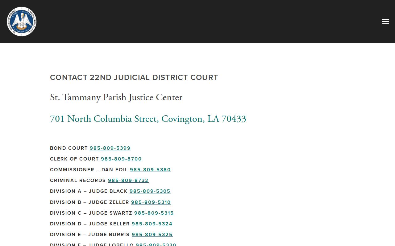 St. Tammany Parish active warrant records contact page listing bond court and criminal records lines