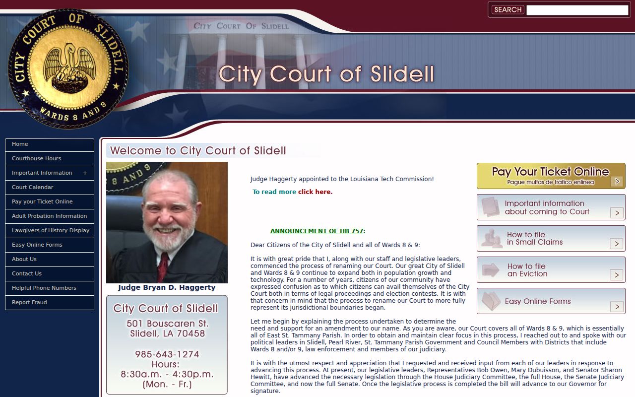 St. Tammany Parish municipal court warrant records page for the City Court of Slidell