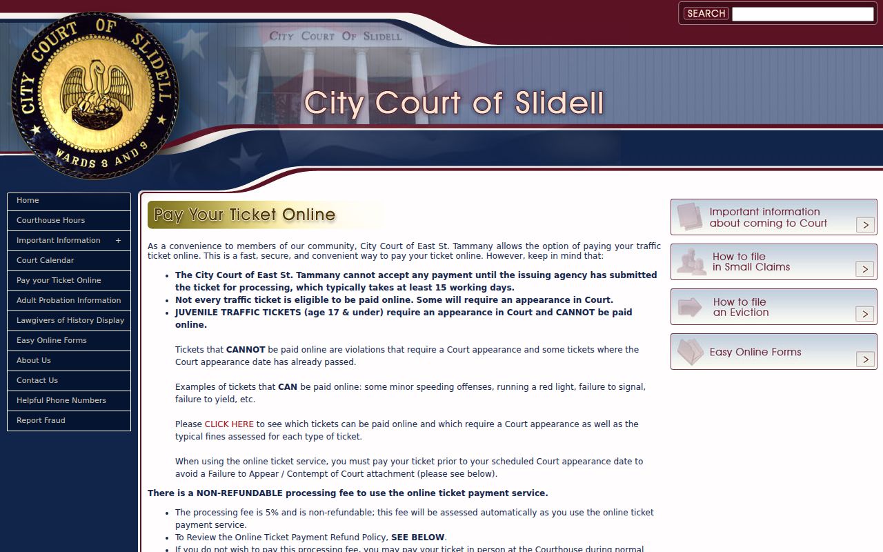 St. Tammany Parish traffic warrant records citation number field on the City Court of Slidell ticket page