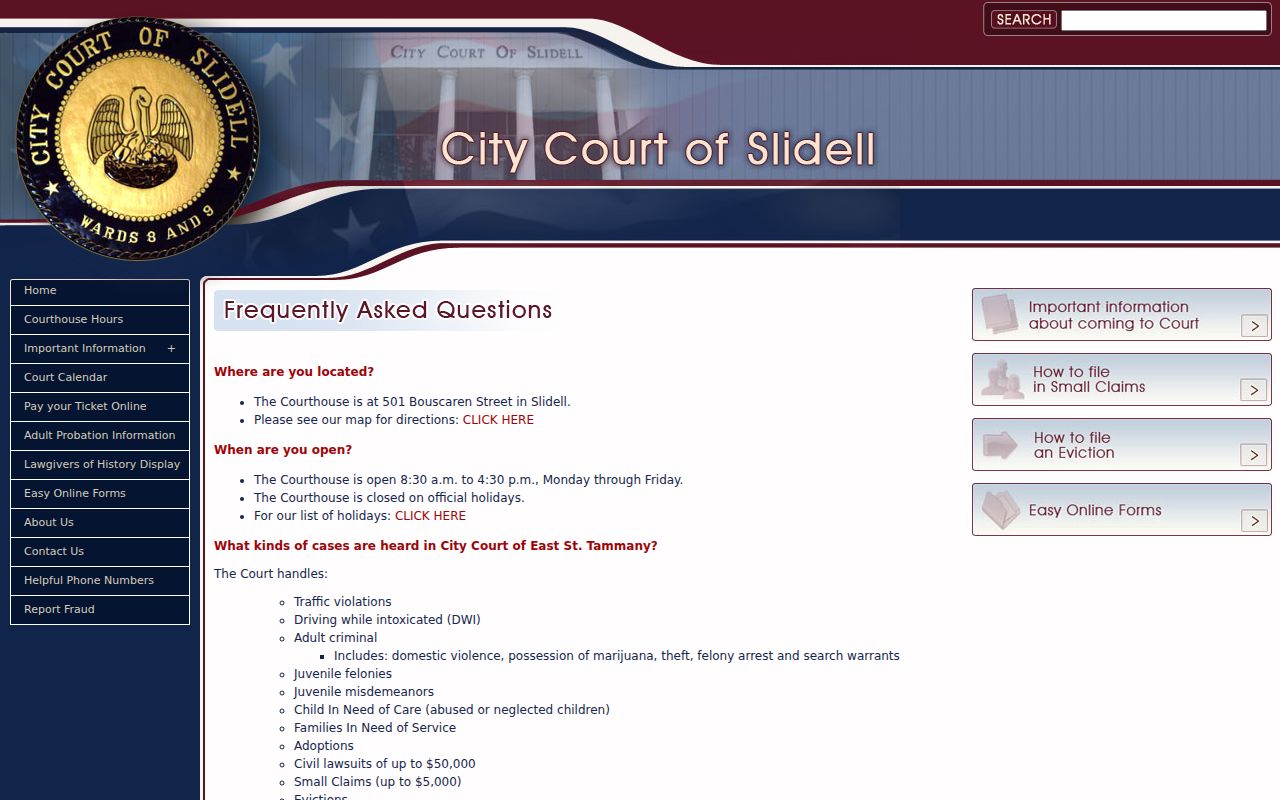 Slidell warrant records counter hours and payment methods from the City Court of Slidell