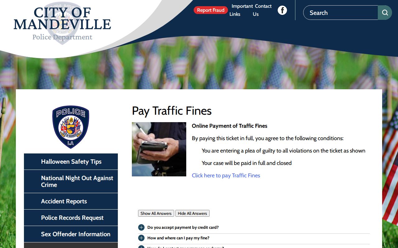 Mandeville warrant records mail and drop box payment instructions from the police department