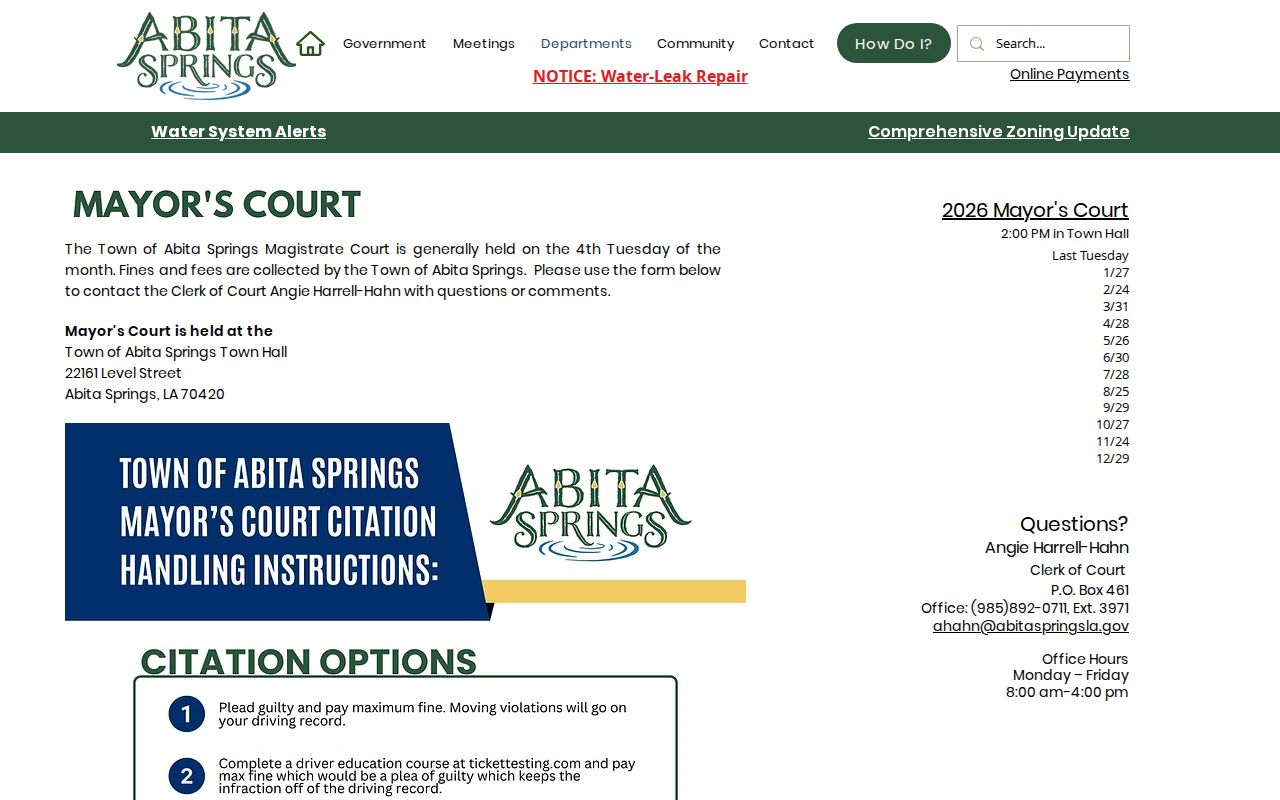 Abita Springs warrant records Mayor's Court dates and clerk of court contact page