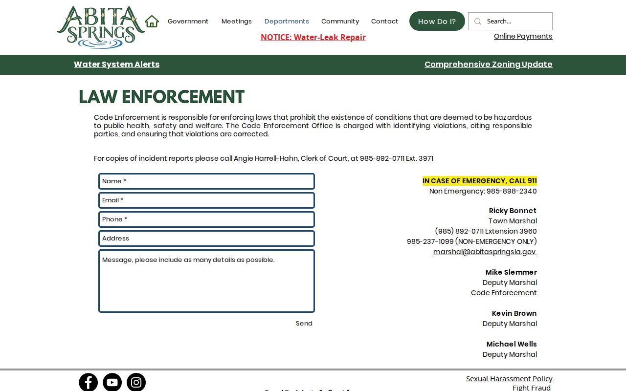 St. Tammany Parish municipal court warrant records page for the Abita Springs town marshal