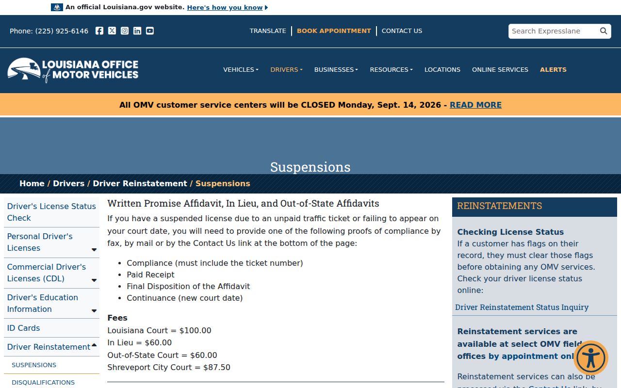 St. Tammany Parish traffic warrant records state license suspension compliance page