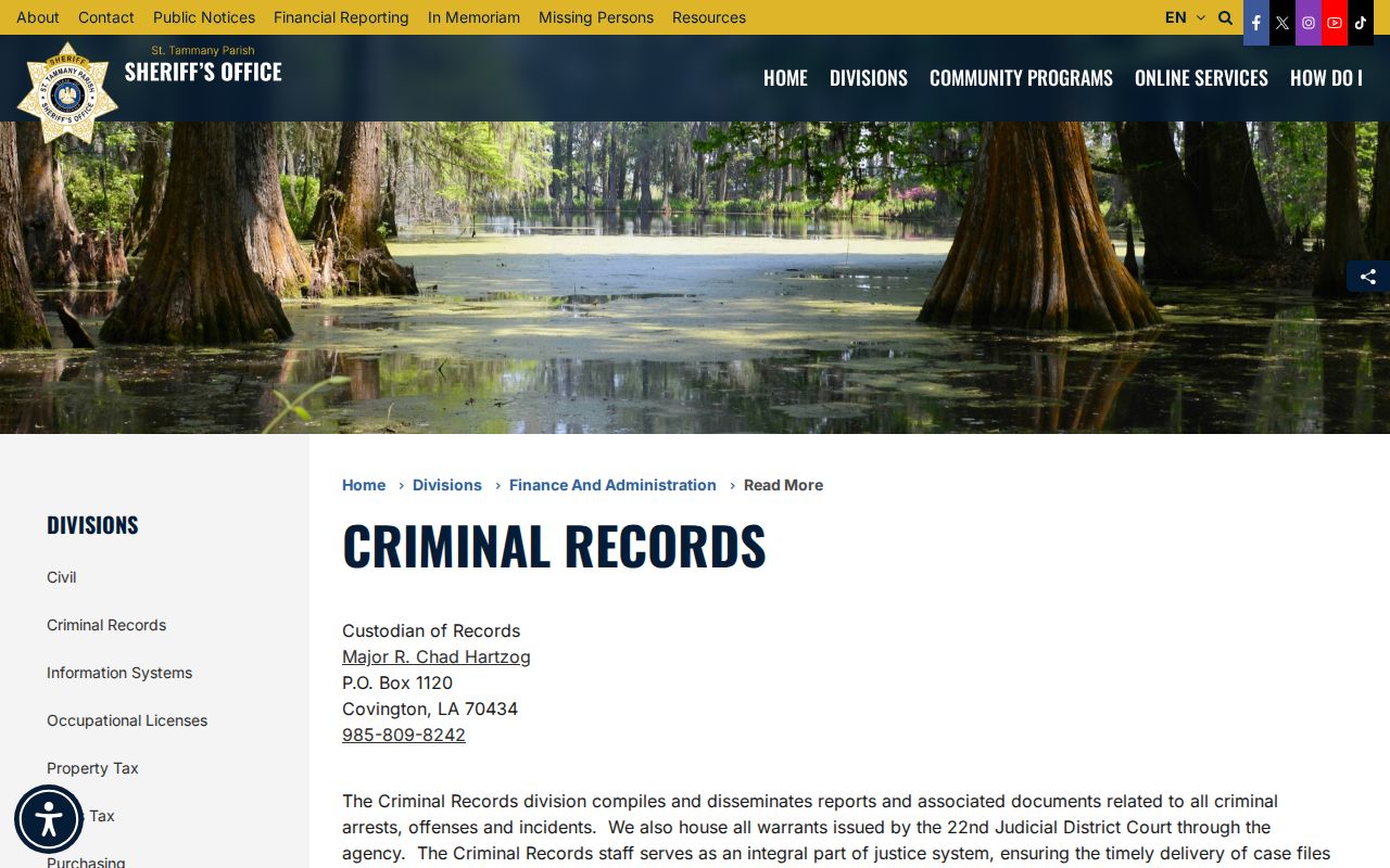 St. Tammany Parish warrant records custody statement on the sheriff's criminal records page